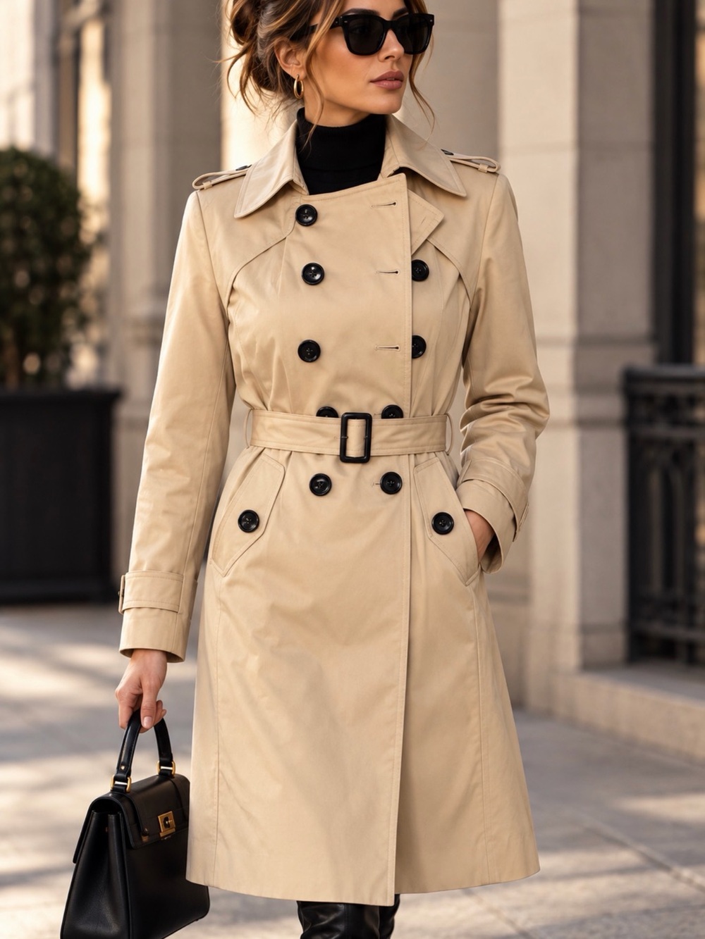 Women’s Classic Beige Double-Breasted Trench Coat with Belt Sz S